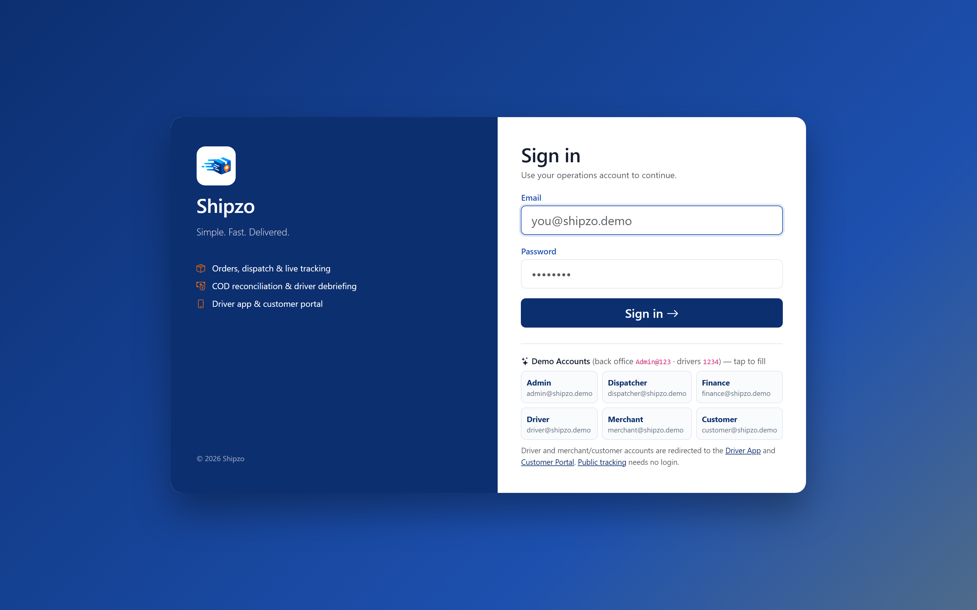 Shipzo sign in with demo accounts