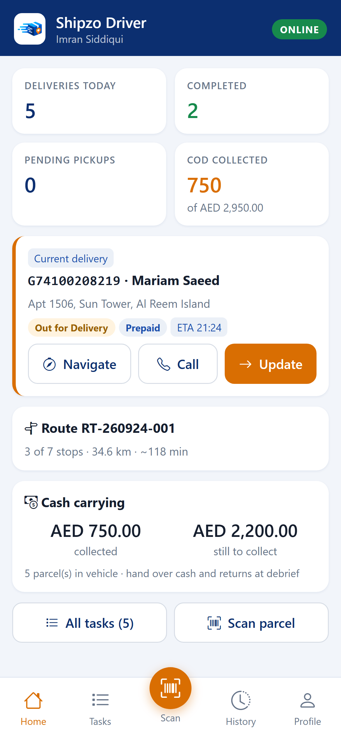 Driver app home