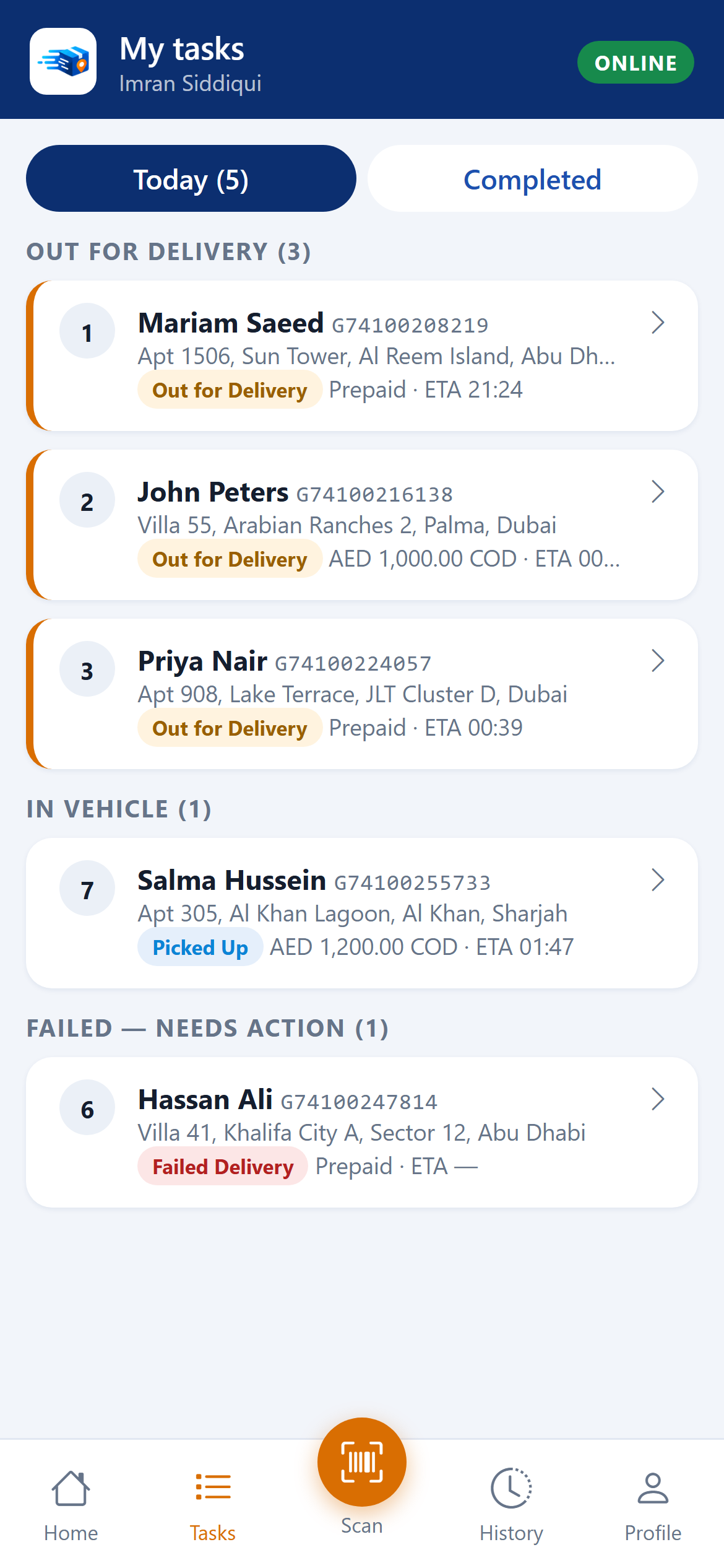 Driver app tasks