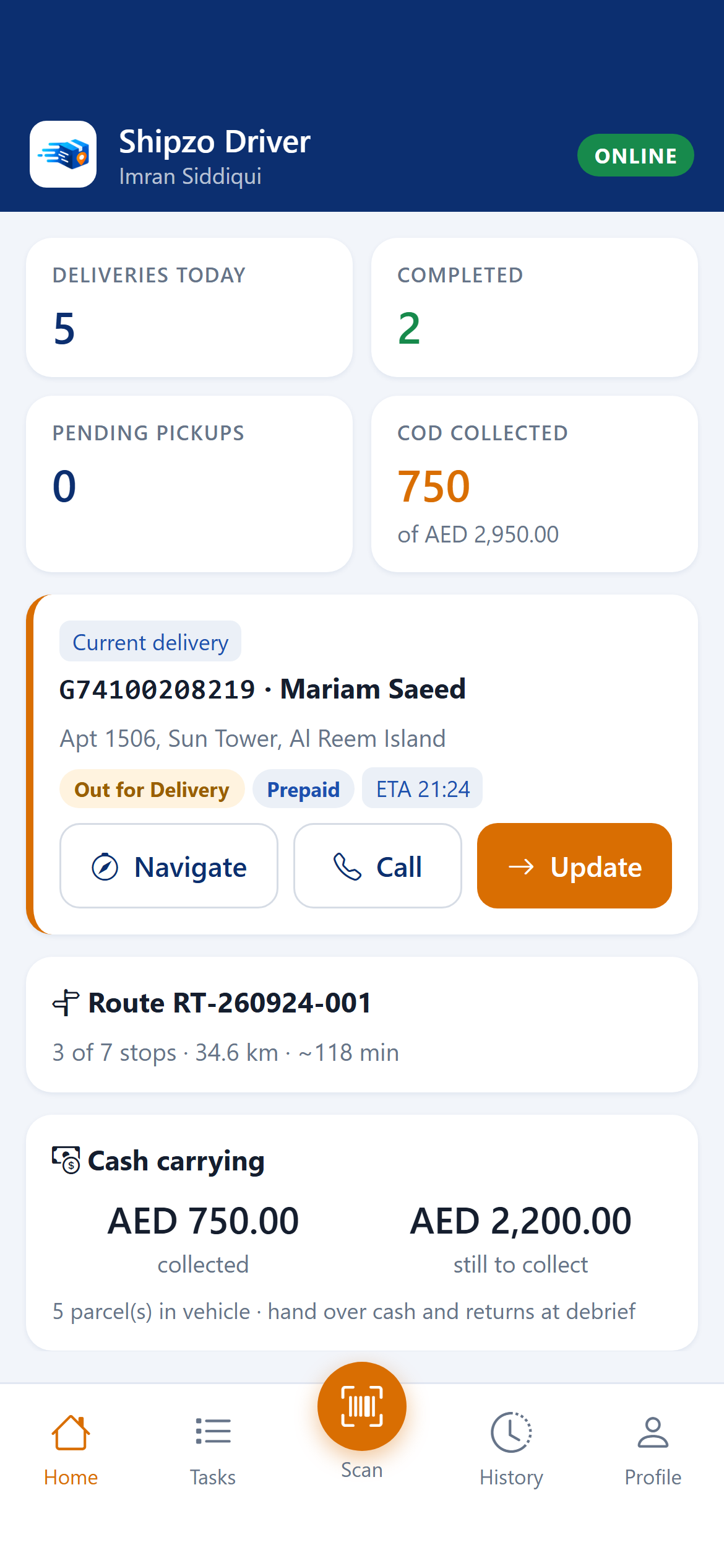 Shipzo driver app home